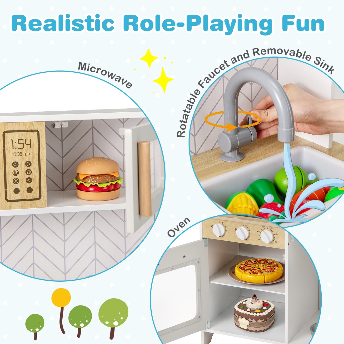 Kids Kitchen Playset with Lights Sounds Microwave Stoves Sink Oven and Cooking Accessories-White Kids Crystal
