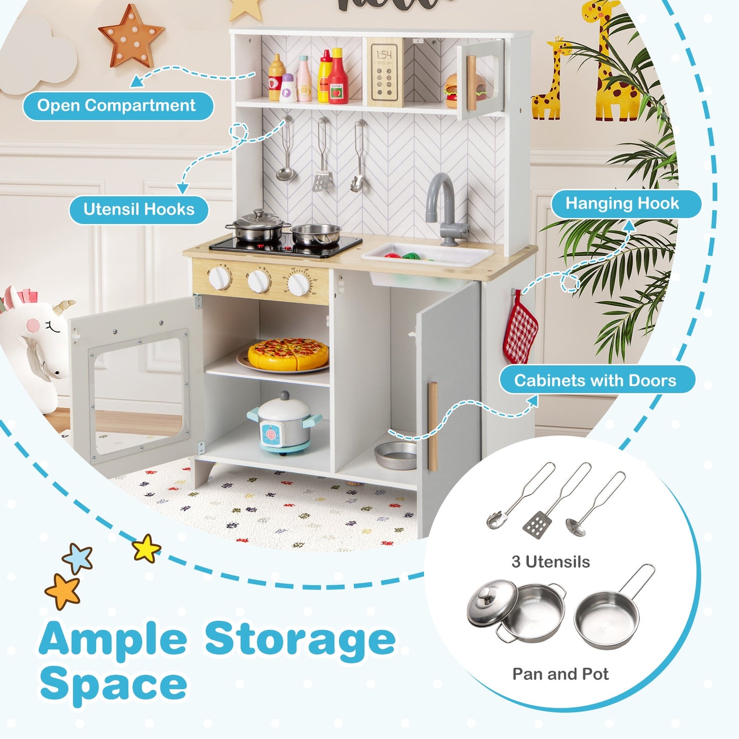 Kids Kitchen Playset with Lights Sounds Microwave Stoves Sink Oven and Cooking Accessories-White Kids Crystal