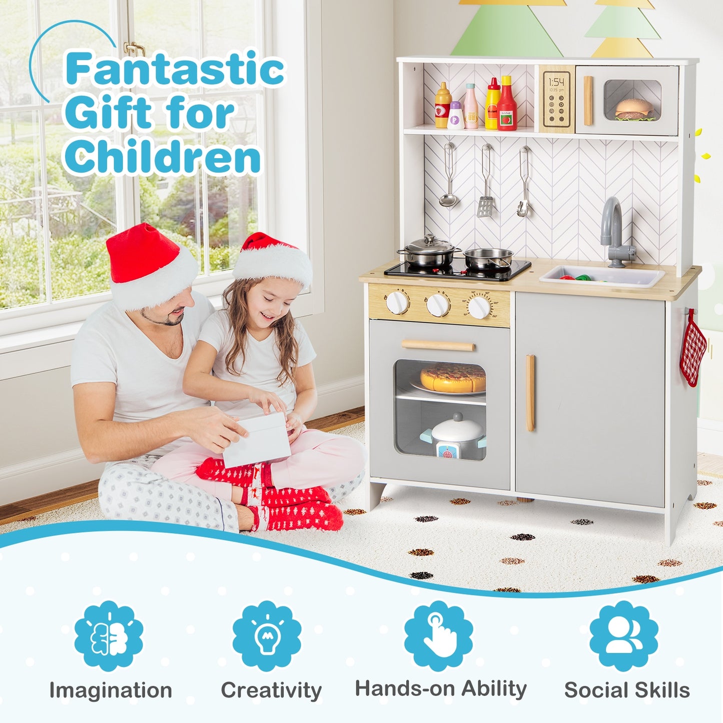 Kids Kitchen Playset with Lights Sounds Microwave Stoves Sink Oven and Cooking Accessories-White Kids Crystal