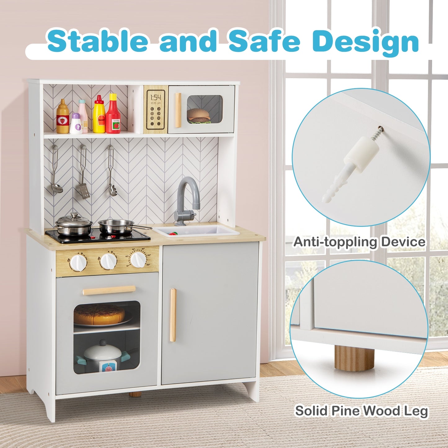 Kids Kitchen Playset with Lights Sounds Microwave Stoves Sink Oven and Cooking Accessories-White Kids Crystal