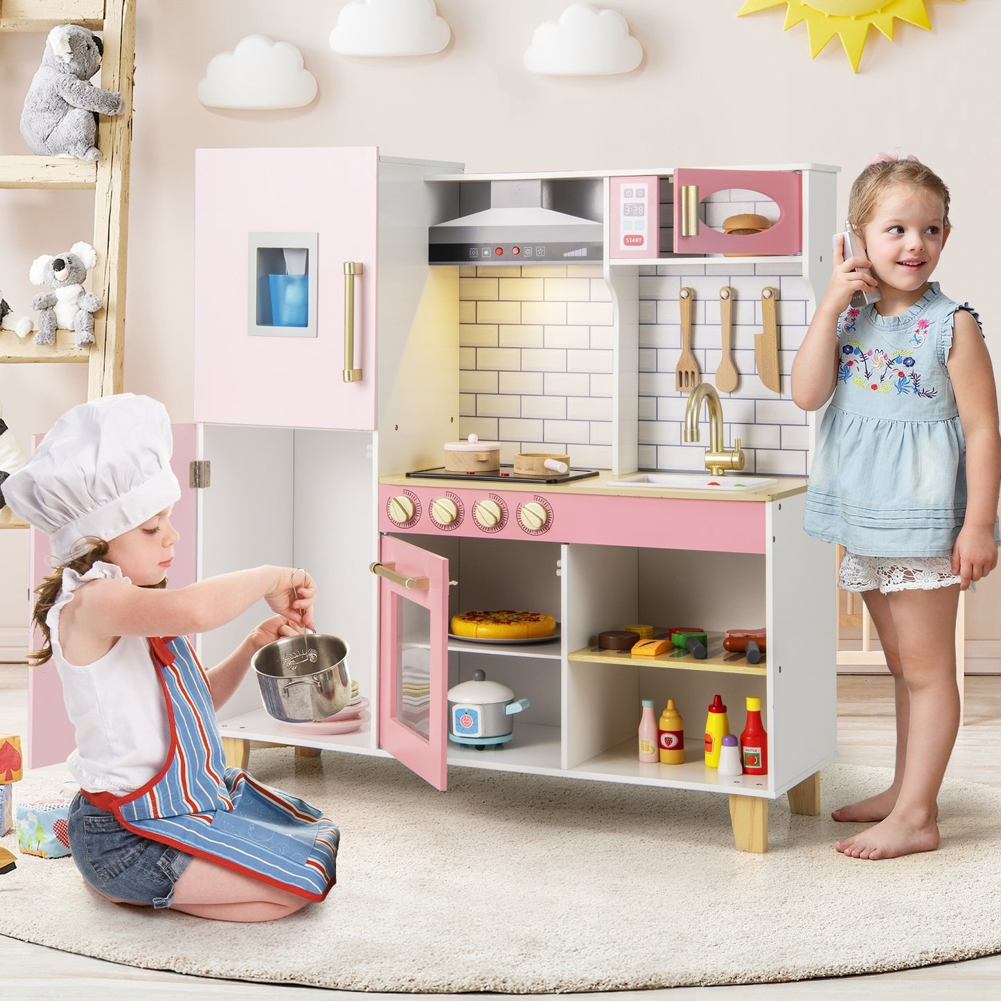 Wooden Pretend Play Kitchen with Ice Maker Range Hood and Blackboard-Pink Kids Crystal