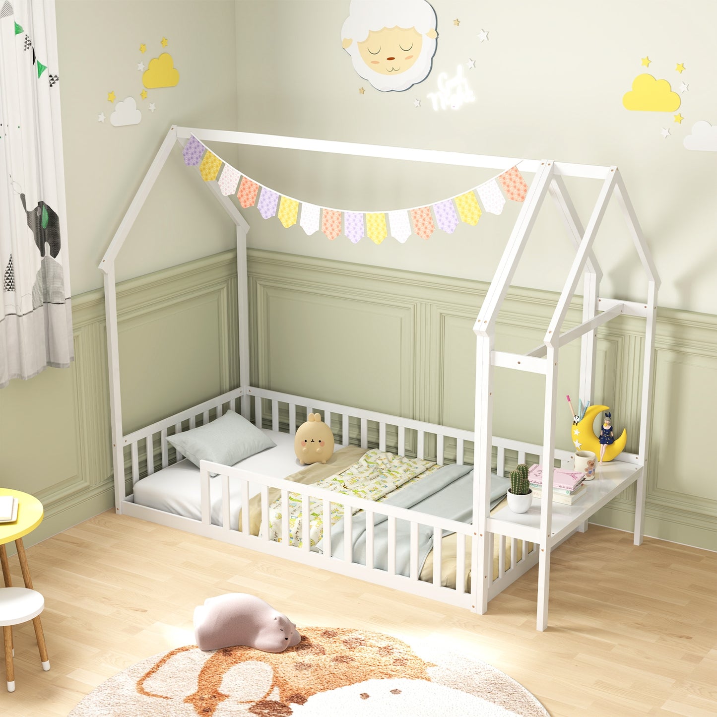 Twin House Floor Bed Montessori Bed Frame with Storage Shelf-White Kids Crystal