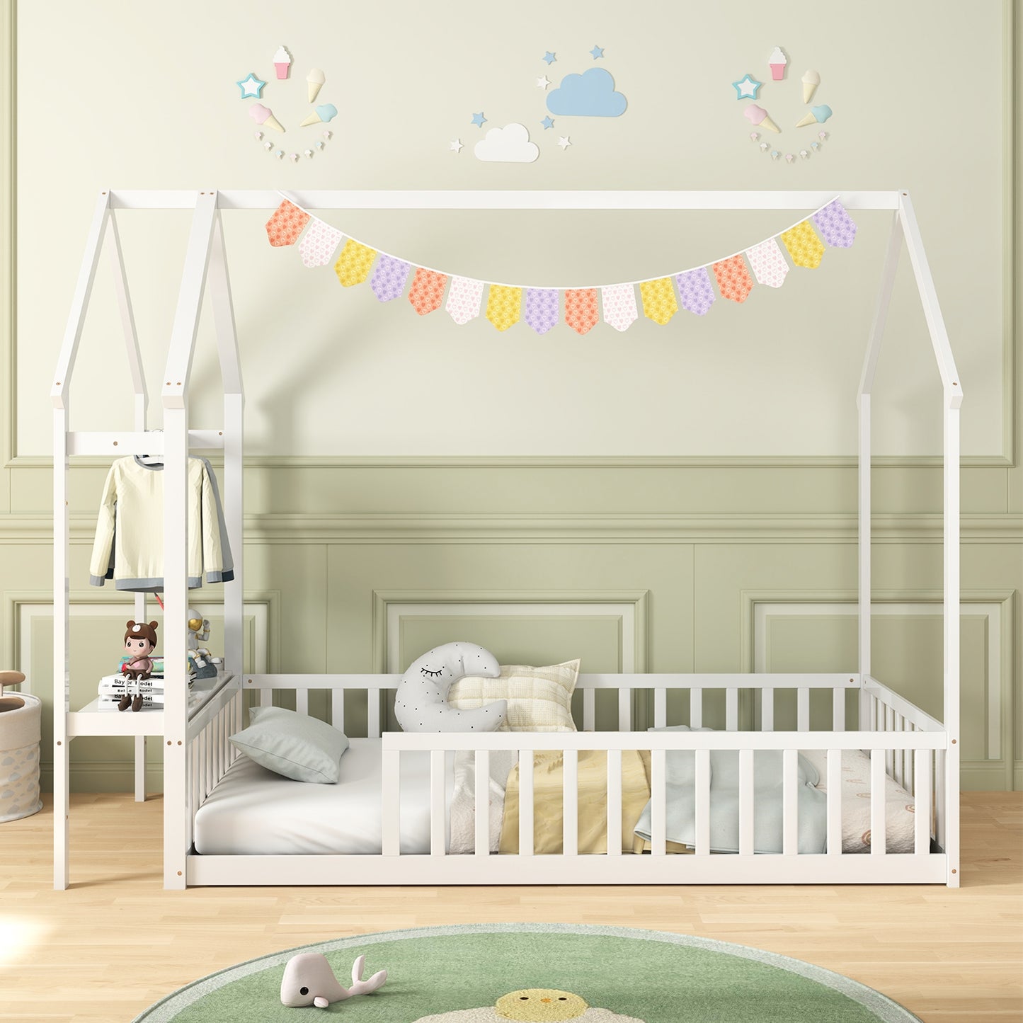 Twin House Floor Bed Montessori Bed Frame with Storage Shelf-White Kids Crystal