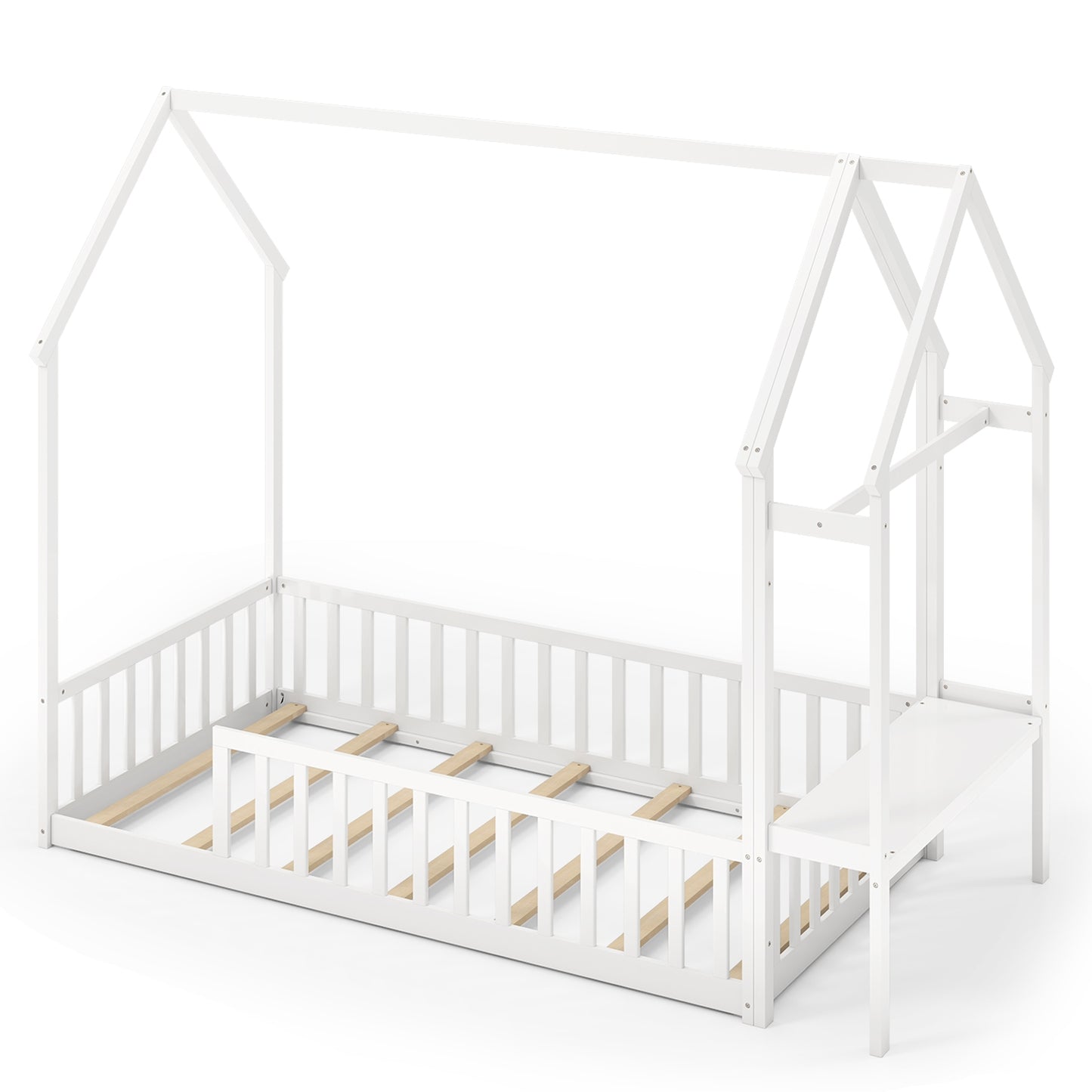 Twin House Floor Bed Montessori Bed Frame with Storage Shelf-White Kids Crystal