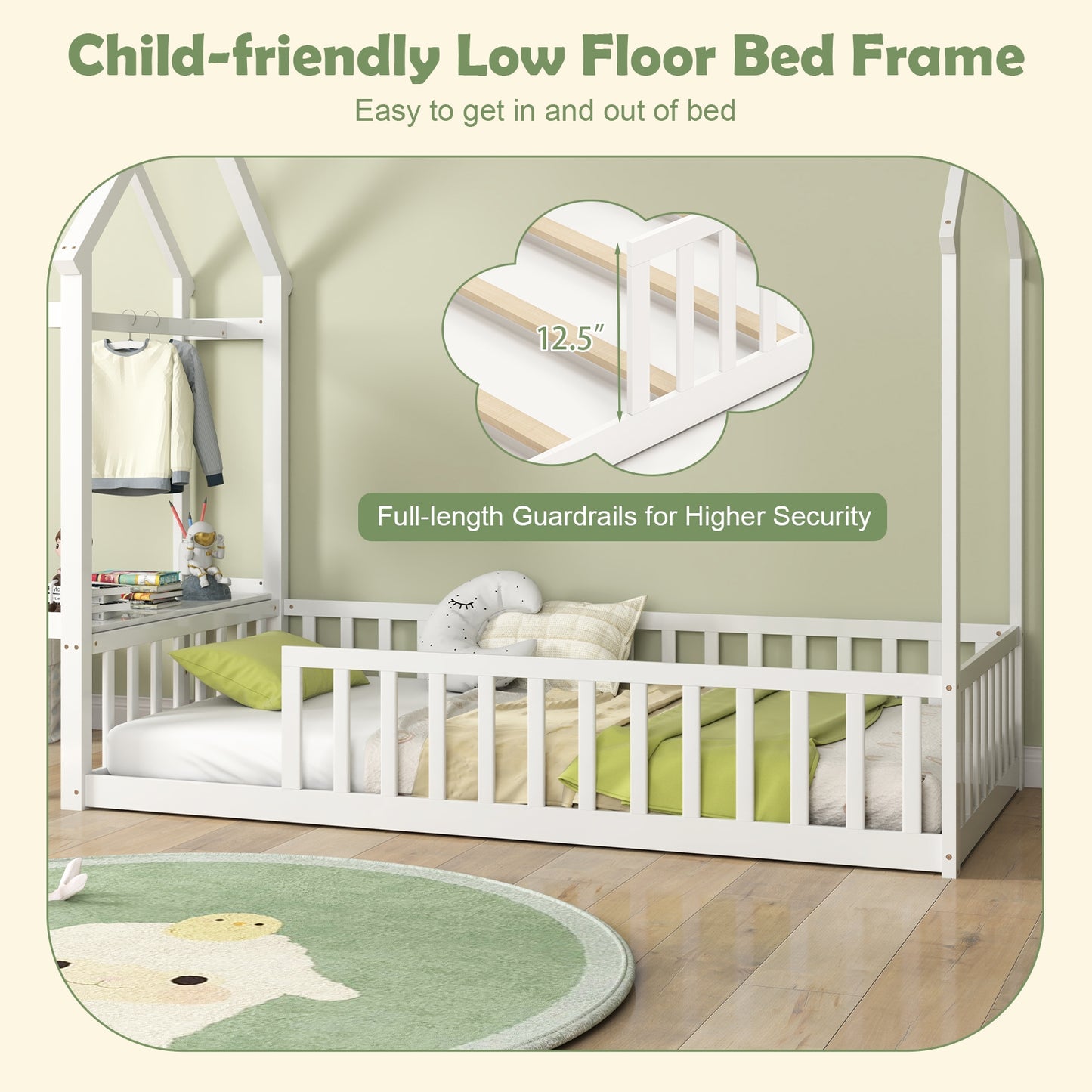 Twin House Floor Bed Montessori Bed Frame with Storage Shelf-White Kids Crystal