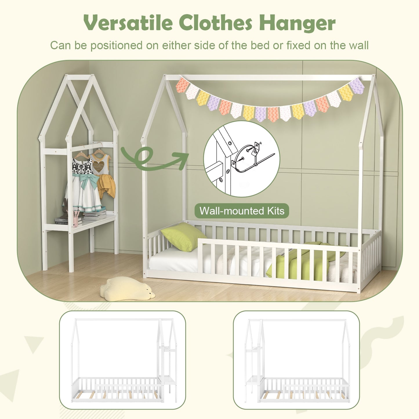 Twin House Floor Bed Montessori Bed Frame with Storage Shelf-White Kids Crystal