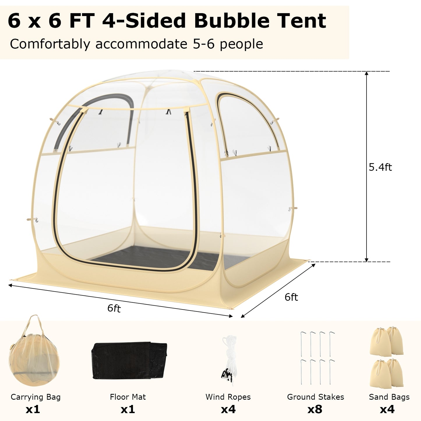 Instant Pop up Sports Tent with Carrying Bag and Floor Mat for 1-2/5-6 People-M Kids Crystal