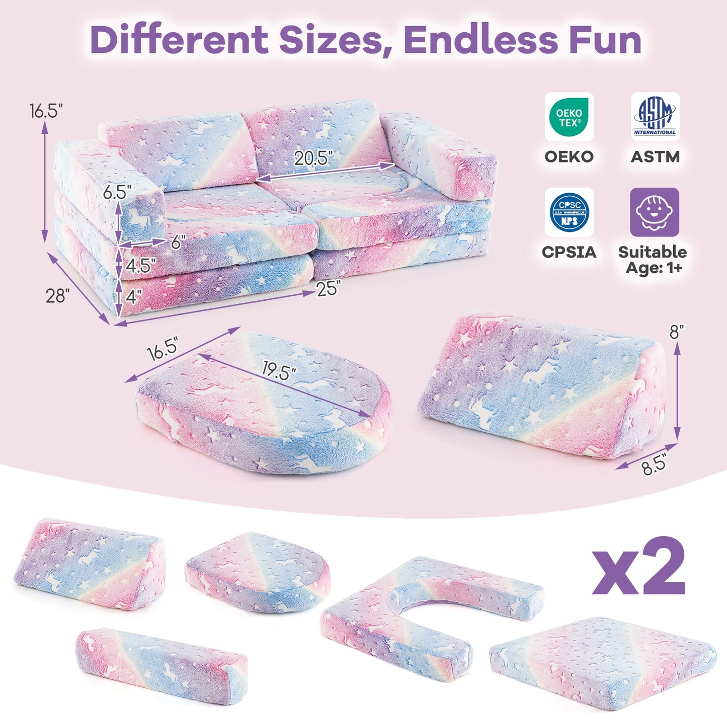 10 Pieces Modular Kids Play Couch Sectional Sofa Glow in the Dark-Multicolor Kids Crystal