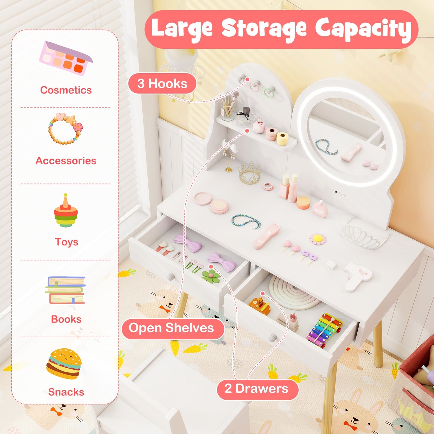 Kids Princess Makeup Dressing Desk and Chair Set with Mirror and Lights-White Kids Crystal