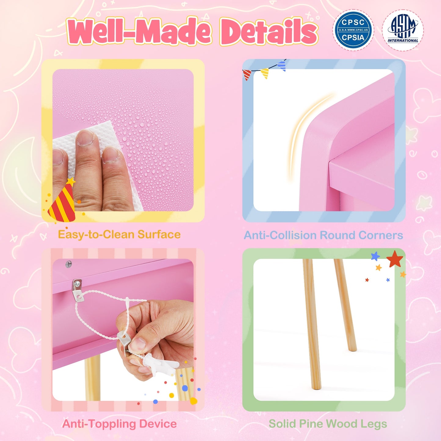 Kids Princess Makeup Dressing Desk and Chair Set with Mirror and Lights-Pink Kids Crystal