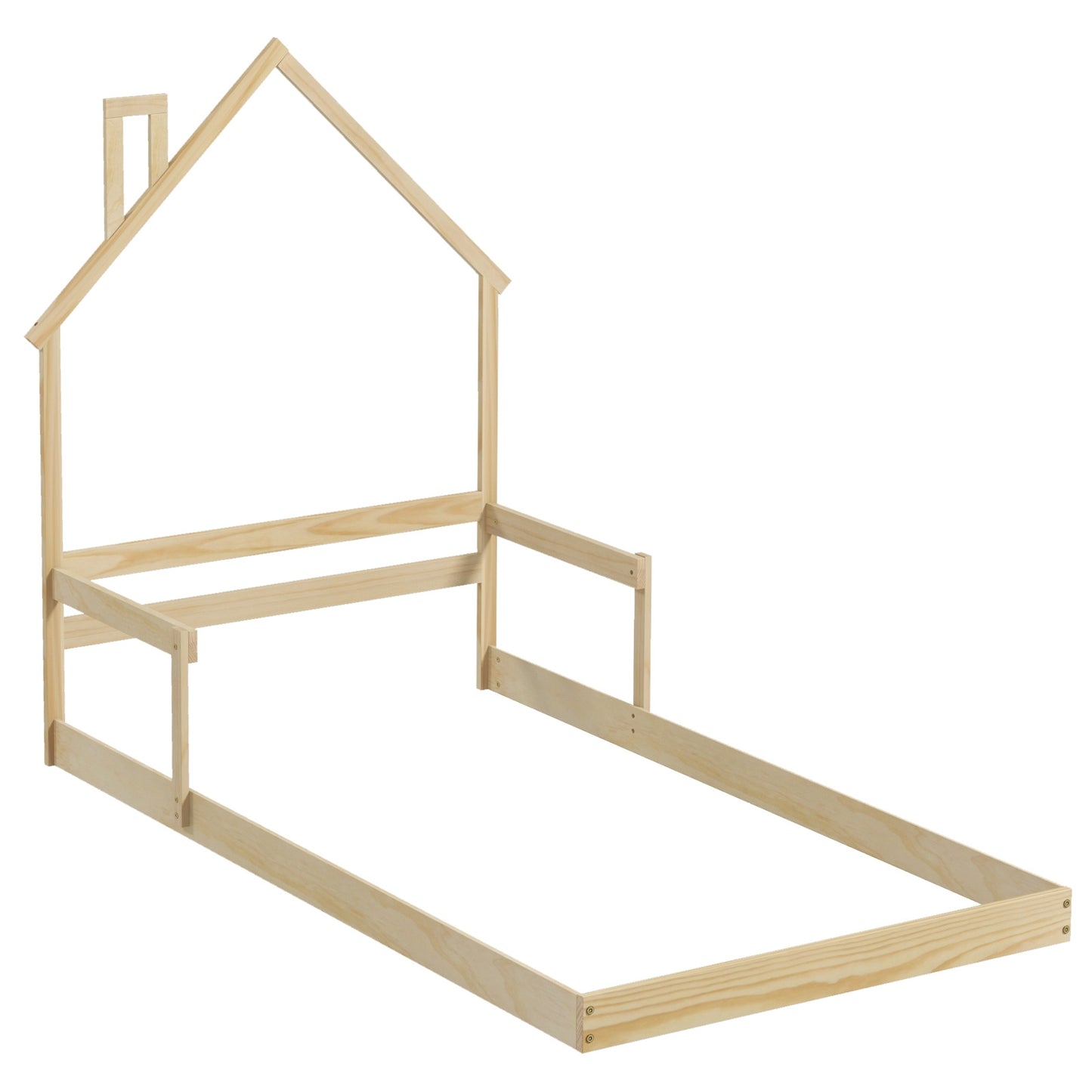 Twin Size Floor Bed with Chimney and Headboard and Handrail-Natural Kids Crystal