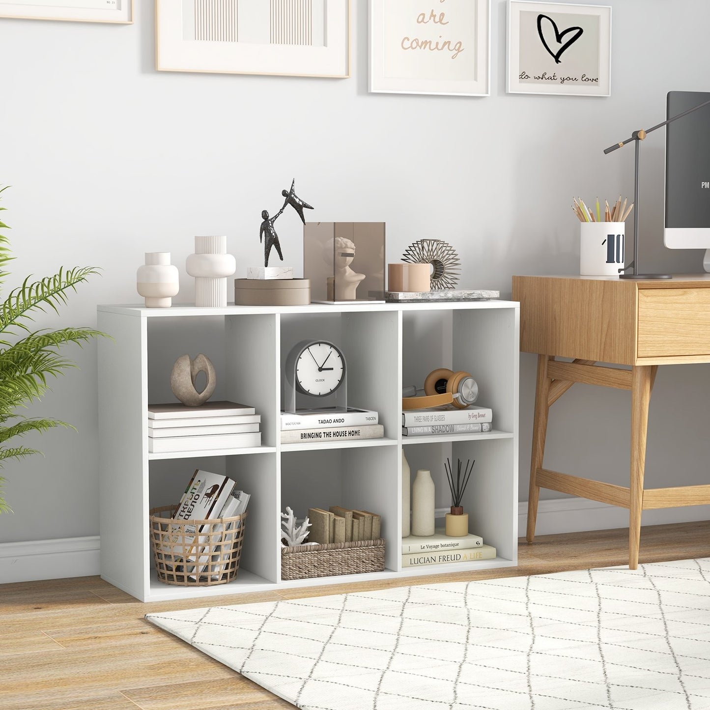 6 Cube Bookshelf with Back Guardrail for Living Room Bedroom-White Kids Crystal