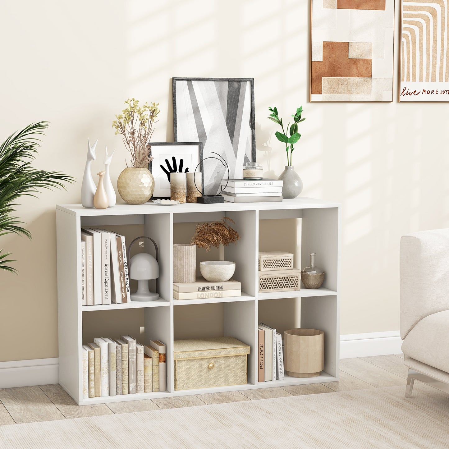 6 Cube Bookshelf with Back Guardrail for Living Room Bedroom-White Kids Crystal