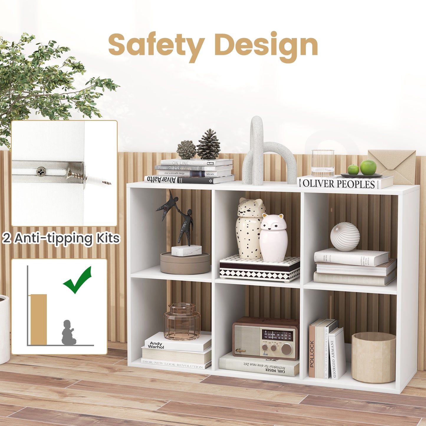 6 Cube Bookshelf with Back Guardrail for Living Room Bedroom-White Kids Crystal