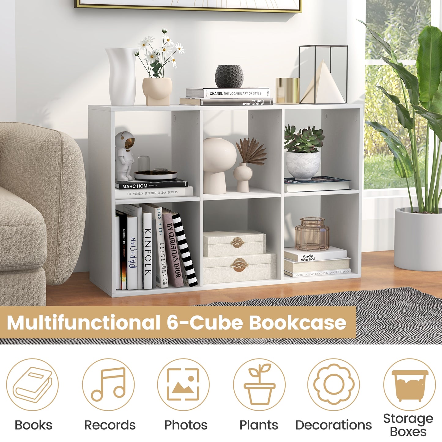 6 Cube Bookshelf with Back Guardrail for Living Room Bedroom-White Kids Crystal