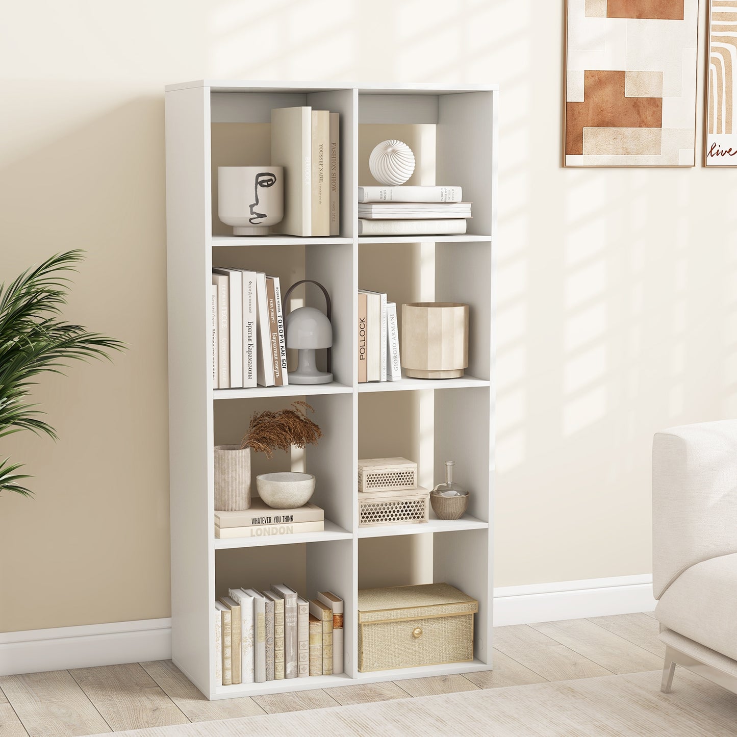 8 Cube Bookshelf with Back Guardrail for Living Room Bedroom-White Kids Crystal