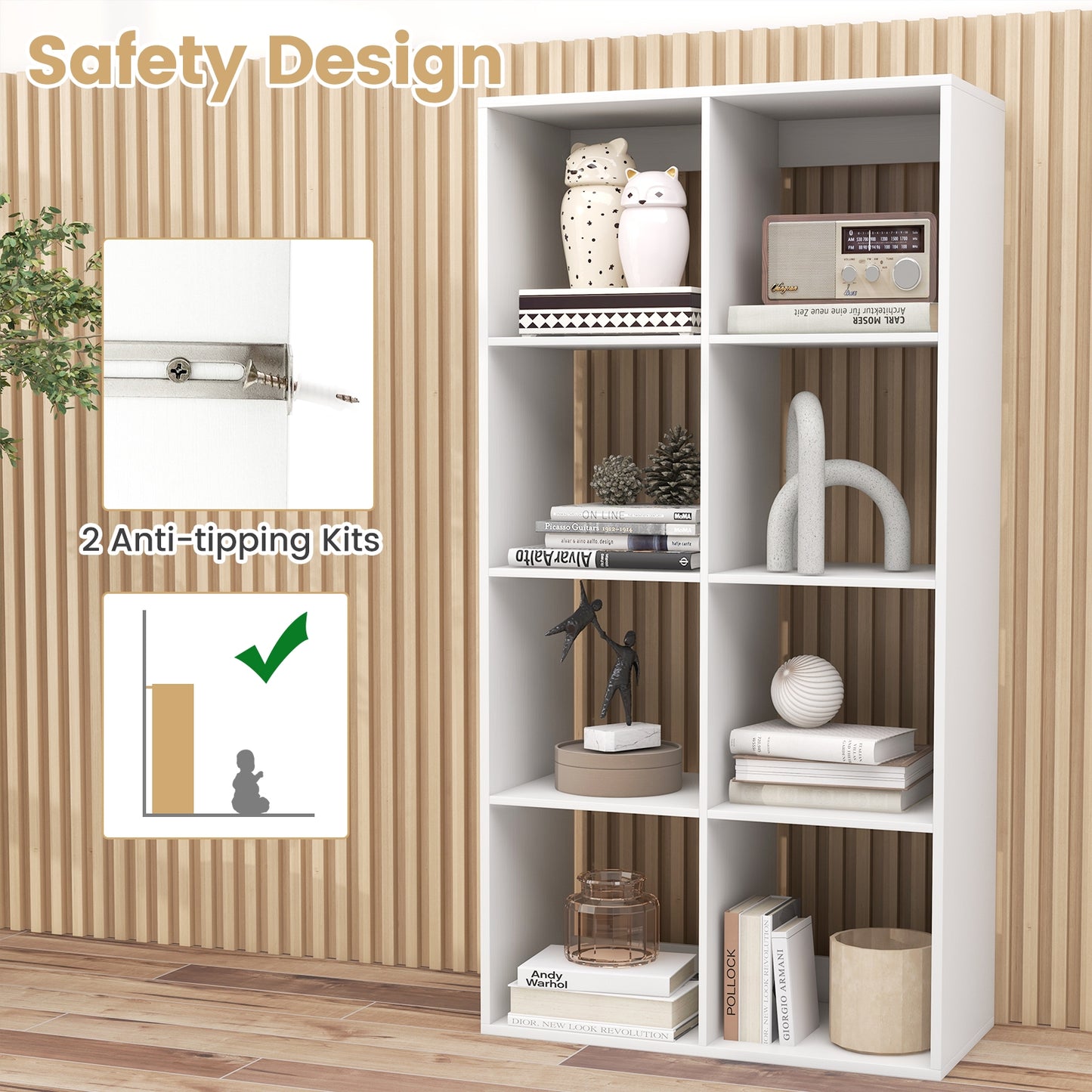 8 Cube Bookshelf with Back Guardrail for Living Room Bedroom-White Kids Crystal