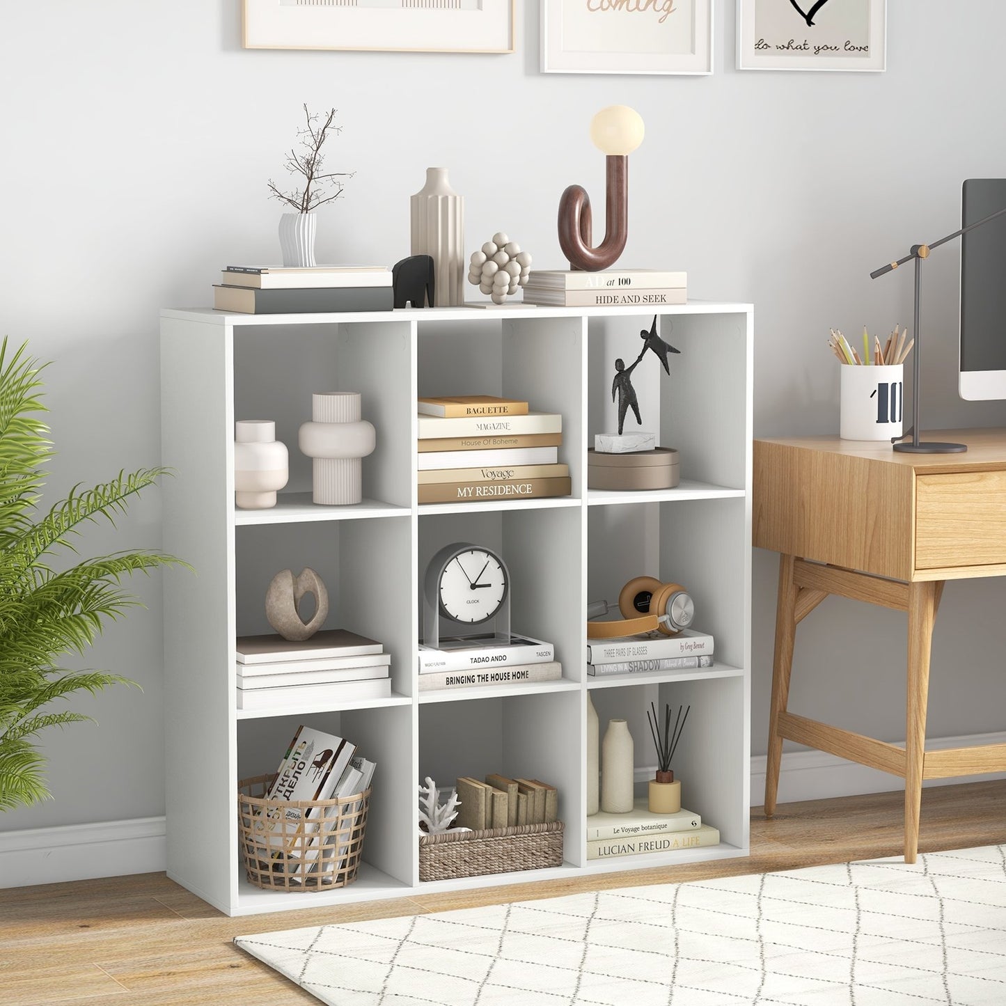 9 Cube Bookshelf with Back Guardrail for Living Room Bedroom-White Kids Crystal