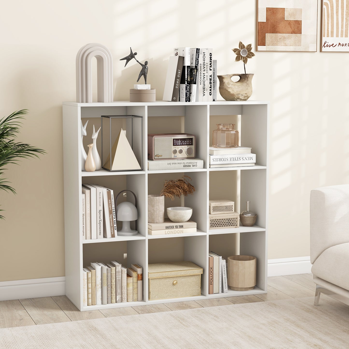 9 Cube Bookshelf with Back Guardrail for Living Room Bedroom-White Kids Crystal