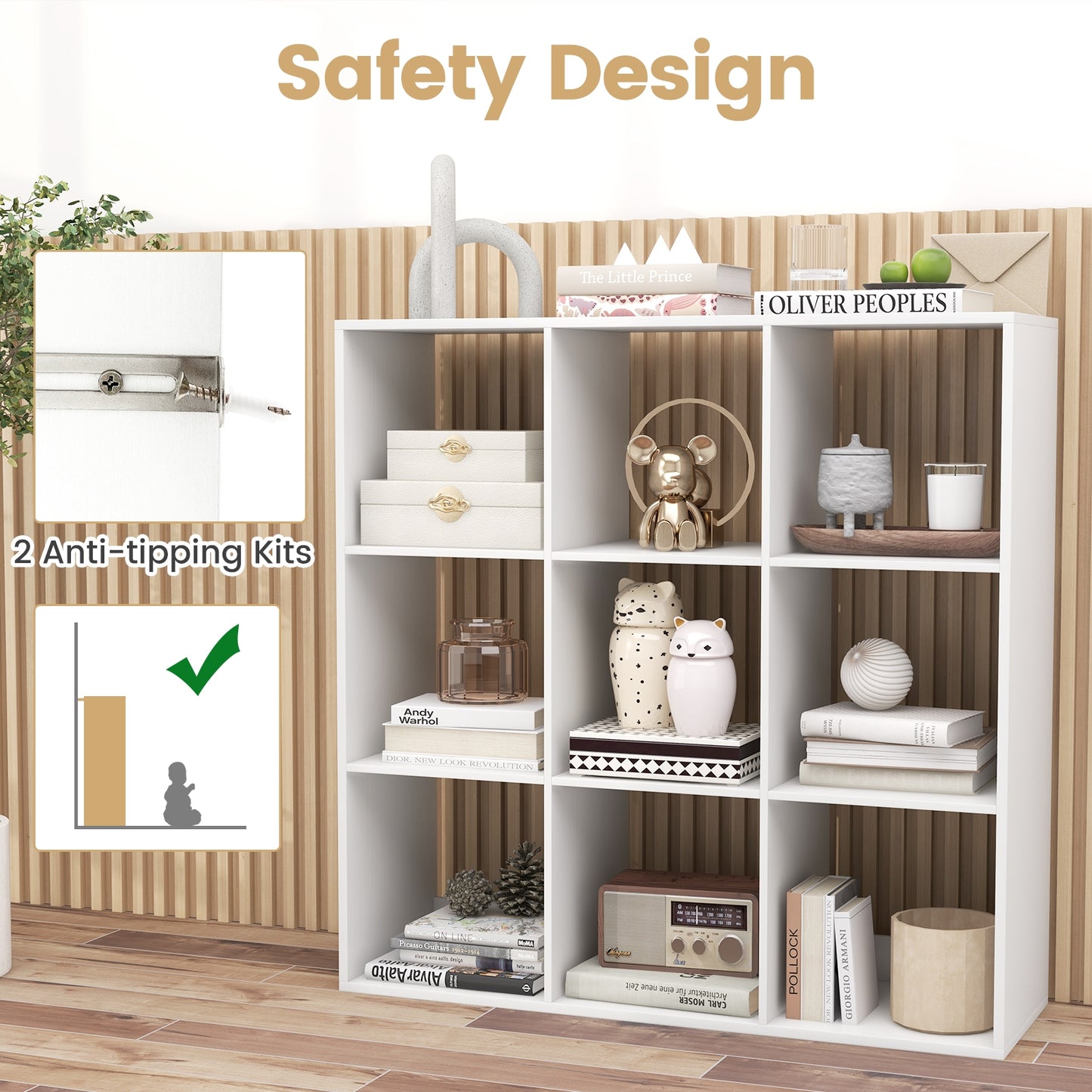 9 Cube Bookshelf with Back Guardrail for Living Room Bedroom-White Kids Crystal