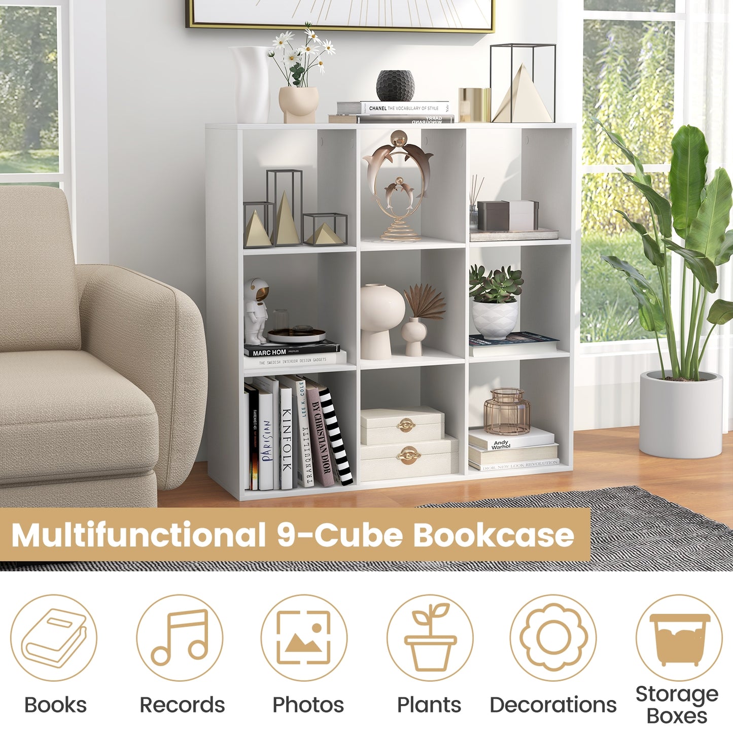 9 Cube Bookshelf with Back Guardrail for Living Room Bedroom-White Kids Crystal