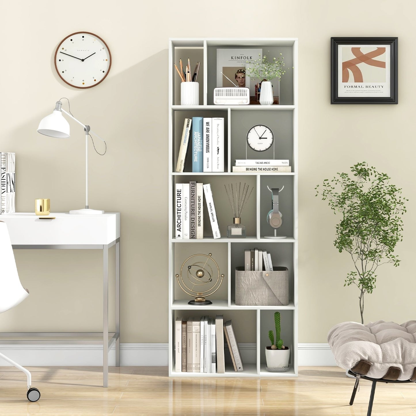63 Inch 5-Tier Geometric 10-Cube Bookshelf Tall Bookcase-White Kids Crystal