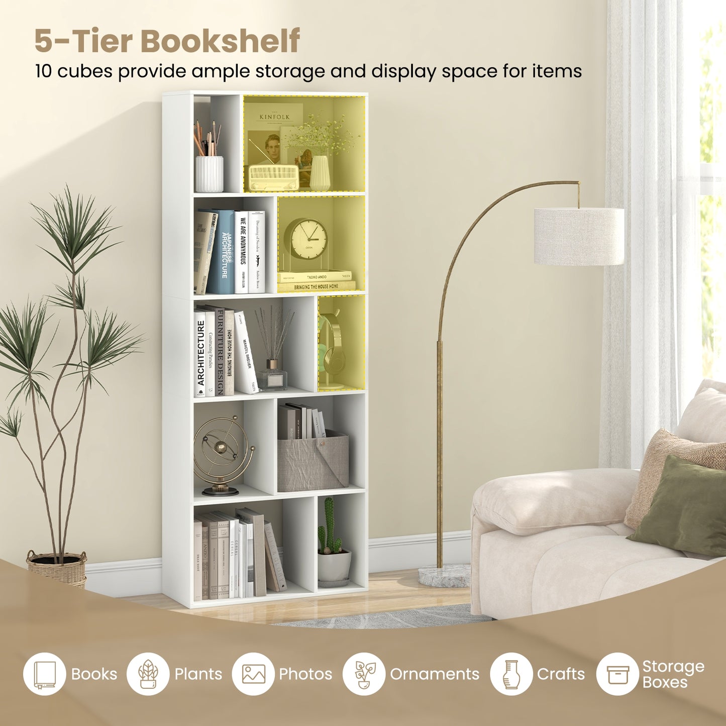 63 Inch 5-Tier Geometric 10-Cube Bookshelf Tall Bookcase-White Kids Crystal