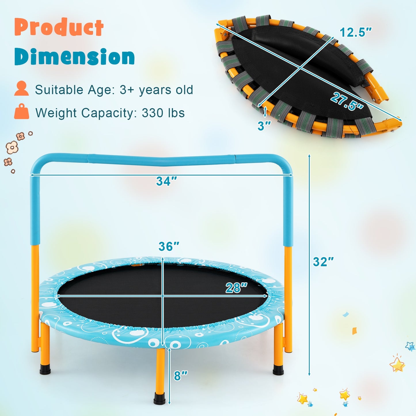 36 Inch Kids Trampoline Mini Rebounder with Full Covered Handrail-Orange Kids Crystal