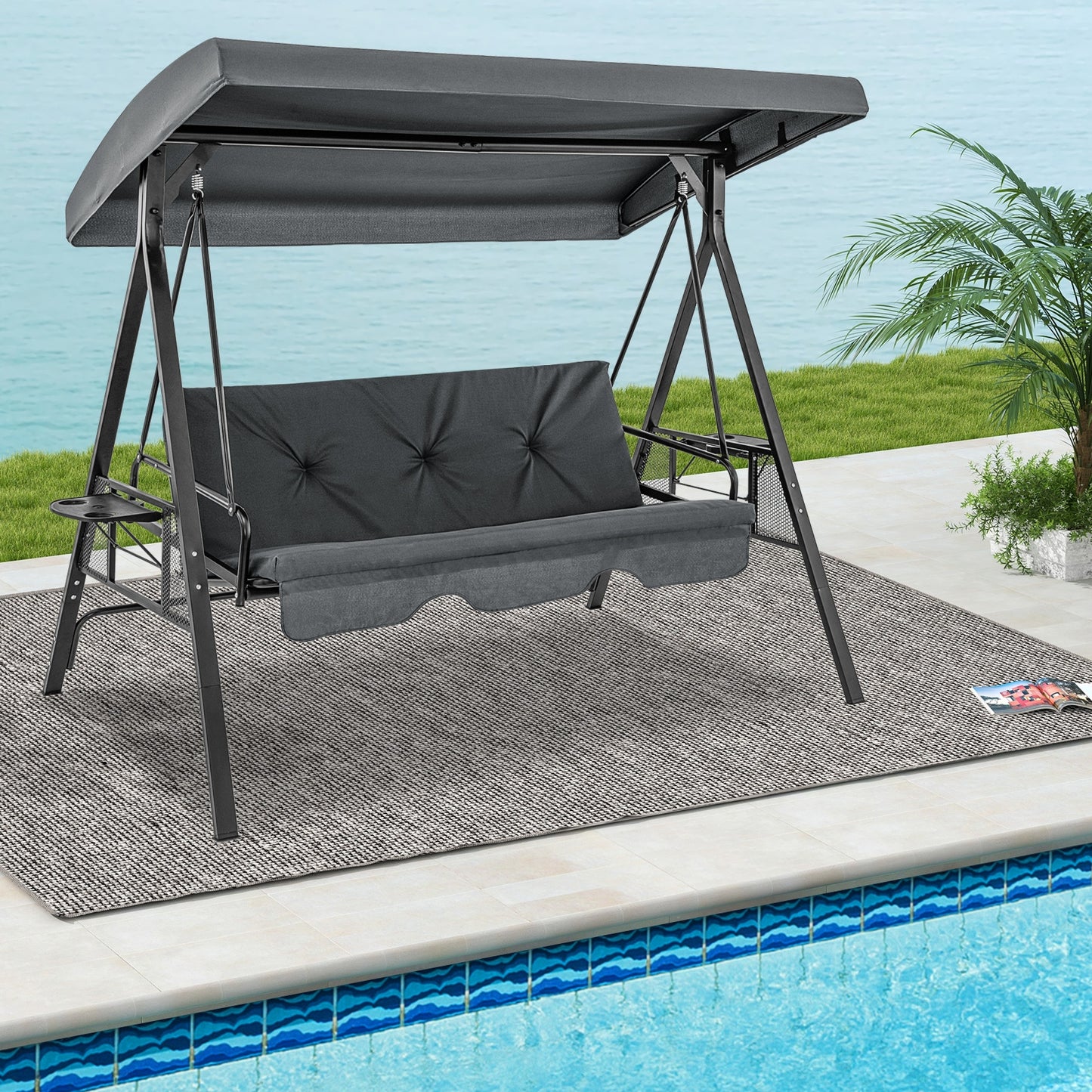 Convertible 3-Seat Patio Porch Swing Chair to Flat Bed with Adjustable Canopy-Gray Kids Crystal