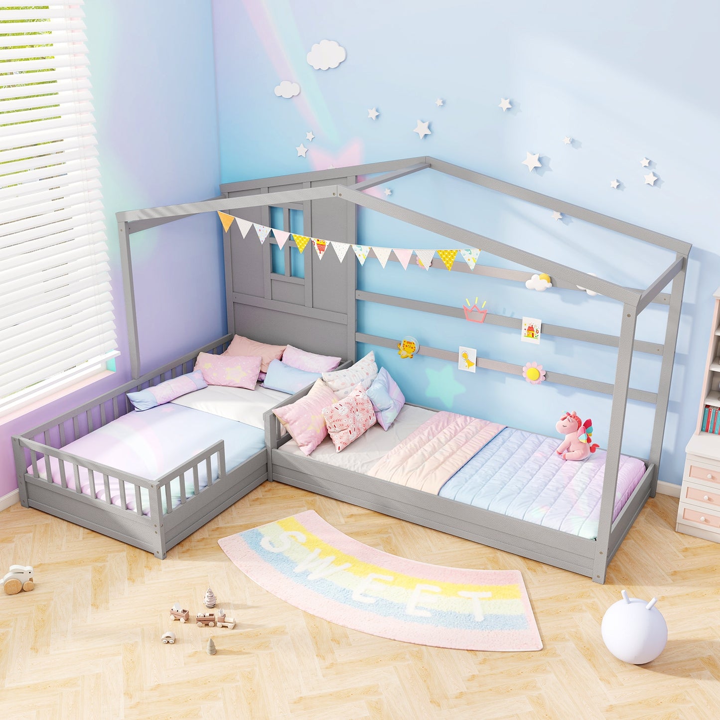 L-shaped Double Twin Beds House Platform Beds with Fences Corner Bed Frame-Gray Kids Crystal