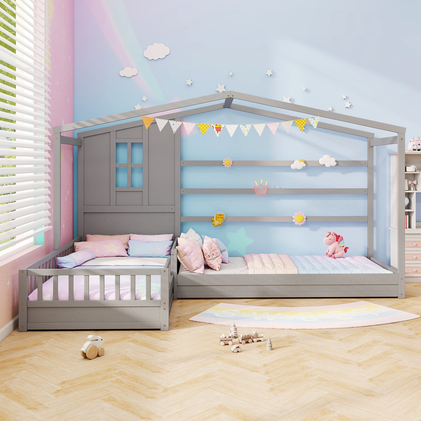 L-shaped Double Twin Beds House Platform Beds with Fences Corner Bed Frame-Gray Kids Crystal