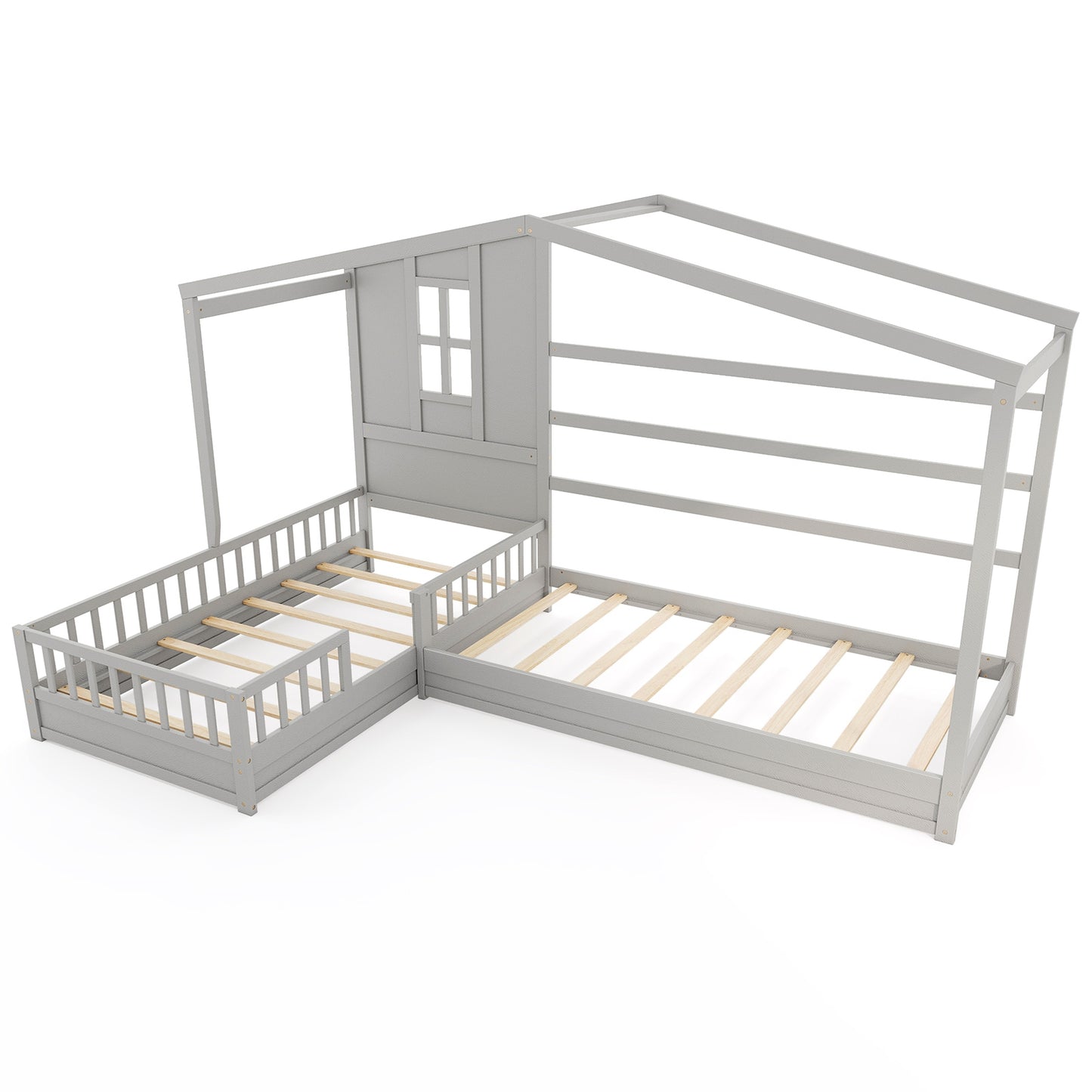 L-shaped Double Twin Beds House Platform Beds with Fences Corner Bed Frame-Gray Kids Crystal