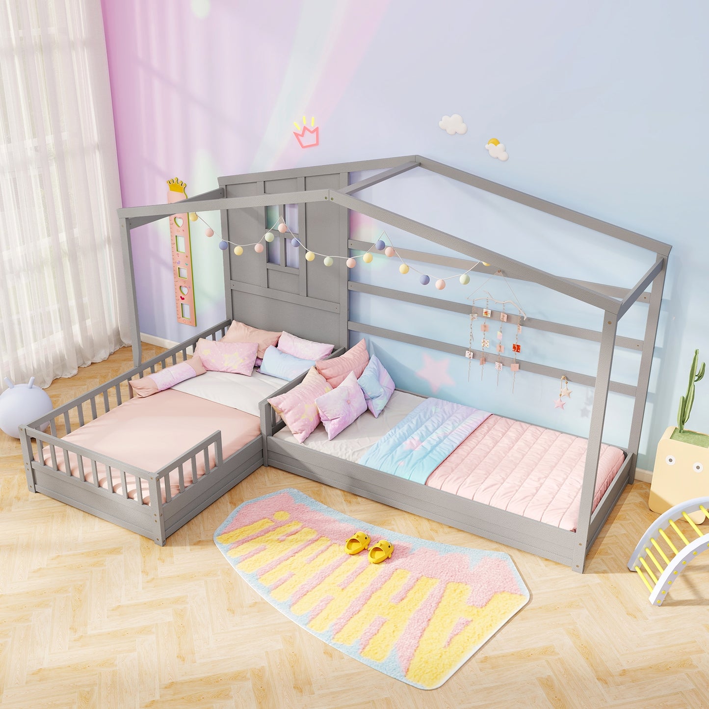 L-shaped Double Twin Beds House Platform Beds with Fences Corner Bed Frame-Gray Kids Crystal