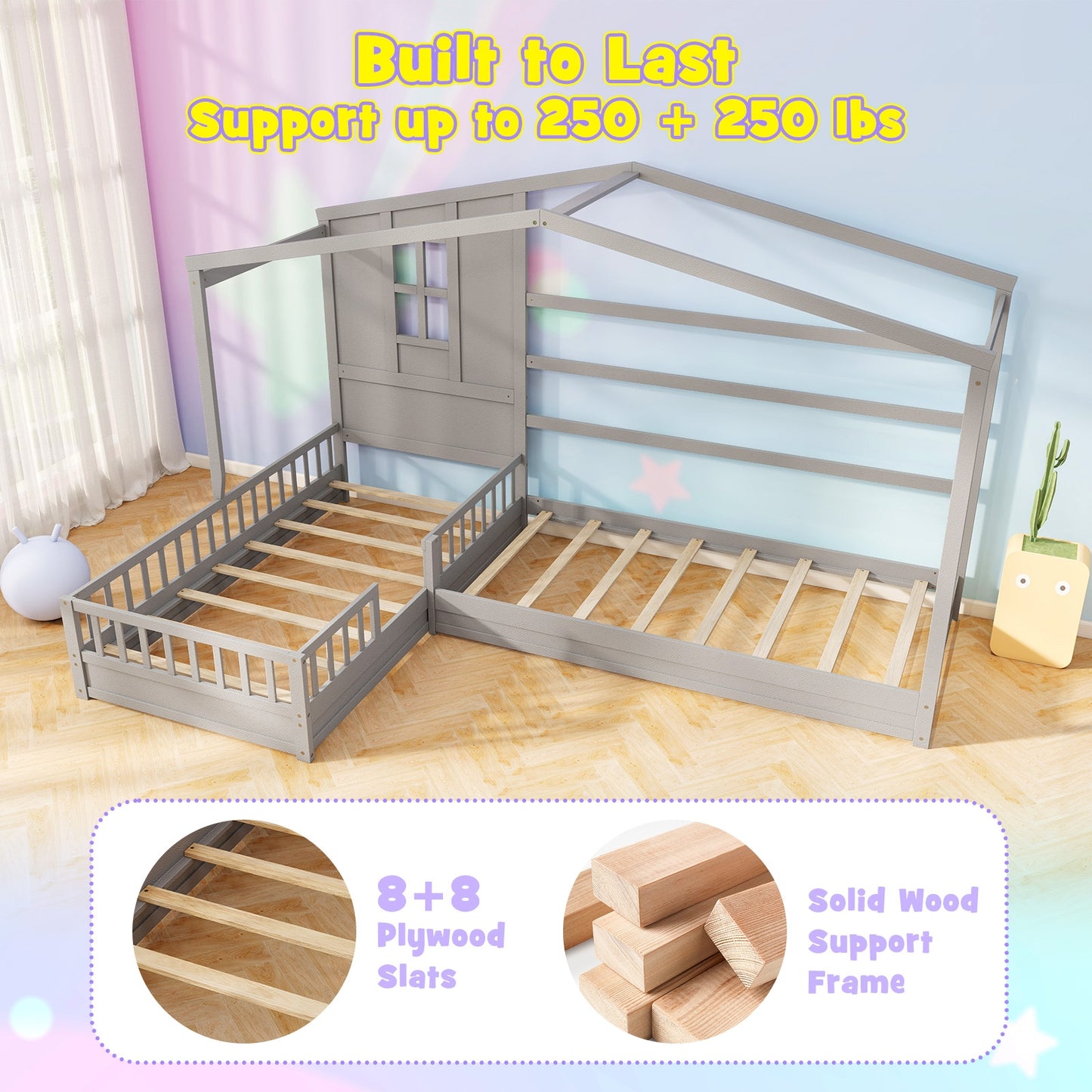 L-shaped Double Twin Beds House Platform Beds with Fences Corner Bed Frame-Gray Kids Crystal