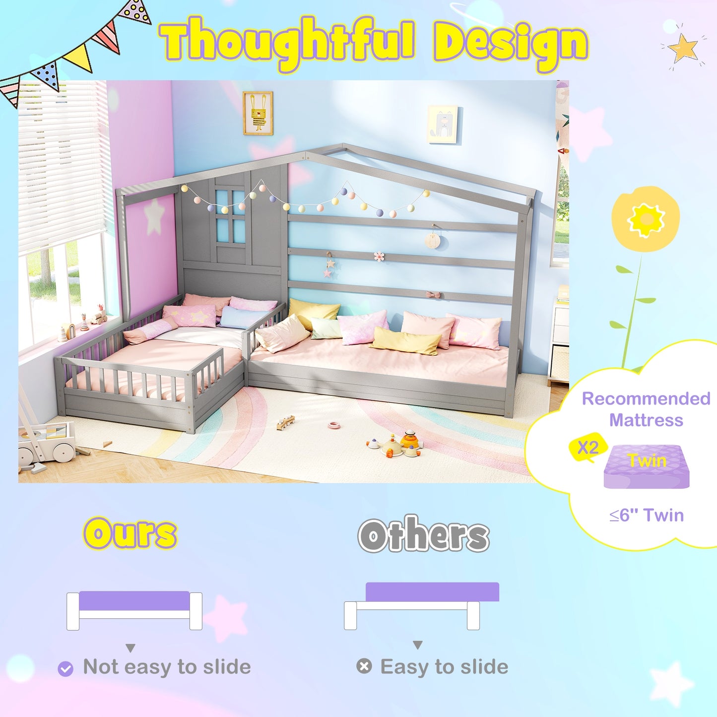 L-shaped Double Twin Beds House Platform Beds with Fences Corner Bed Frame-Gray Kids Crystal