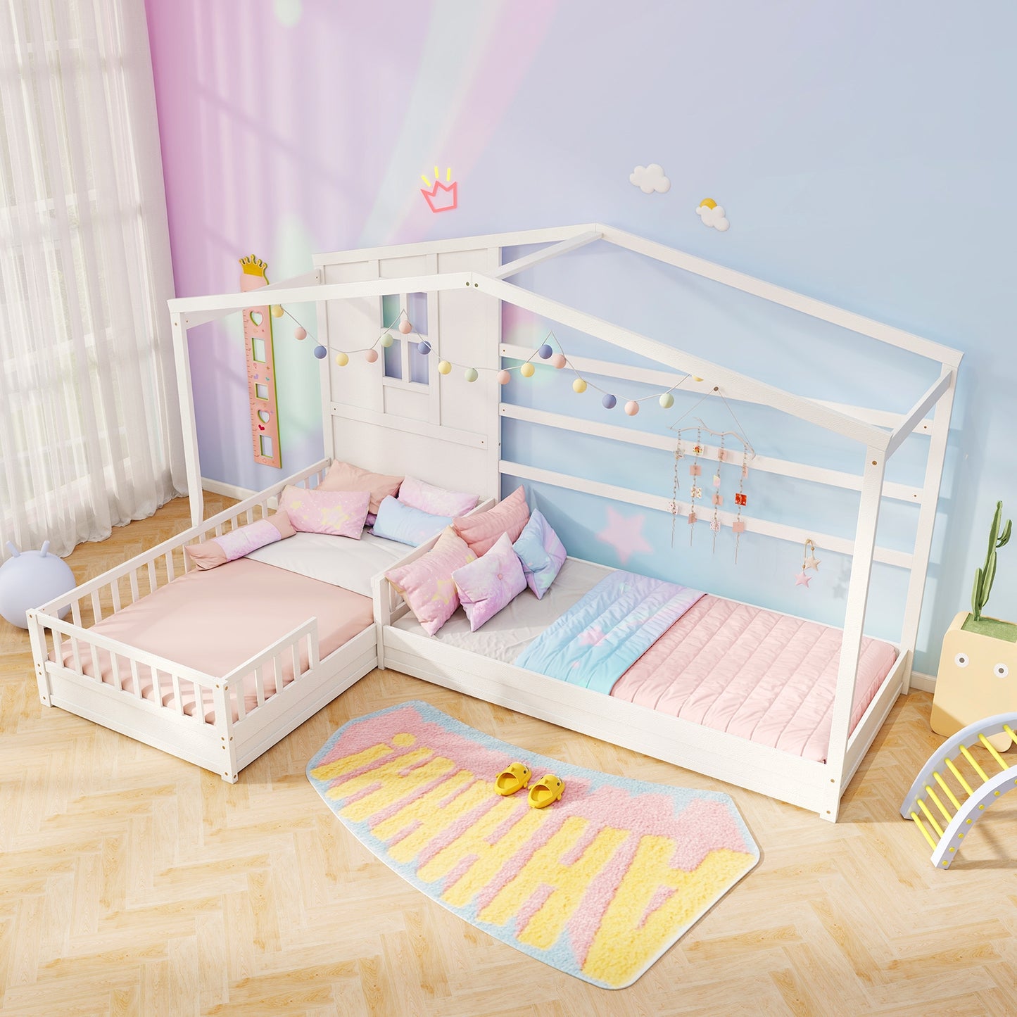 L-shaped Double Twin Beds House Platform Beds with Fences Corner Bed Frame-White Kids Crystal