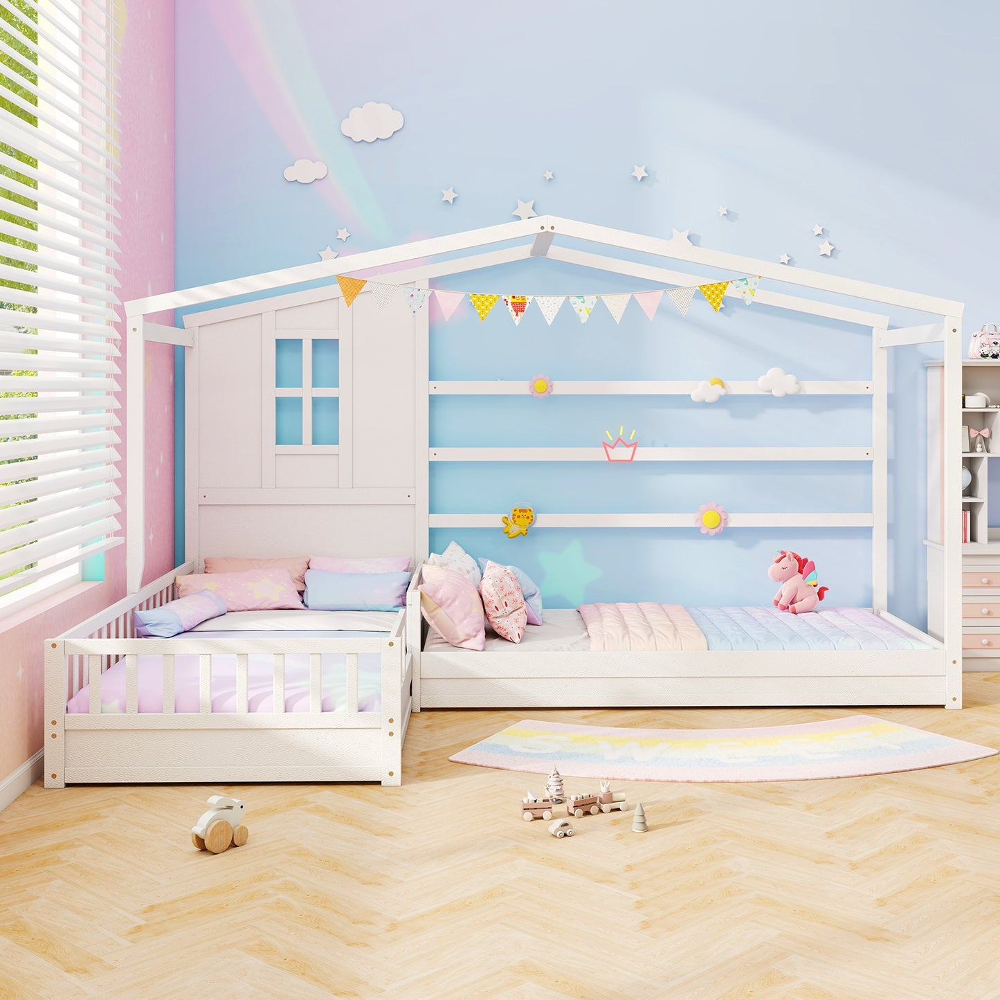L-shaped Double Twin Beds House Platform Beds with Fences Corner Bed Frame-White Kids Crystal