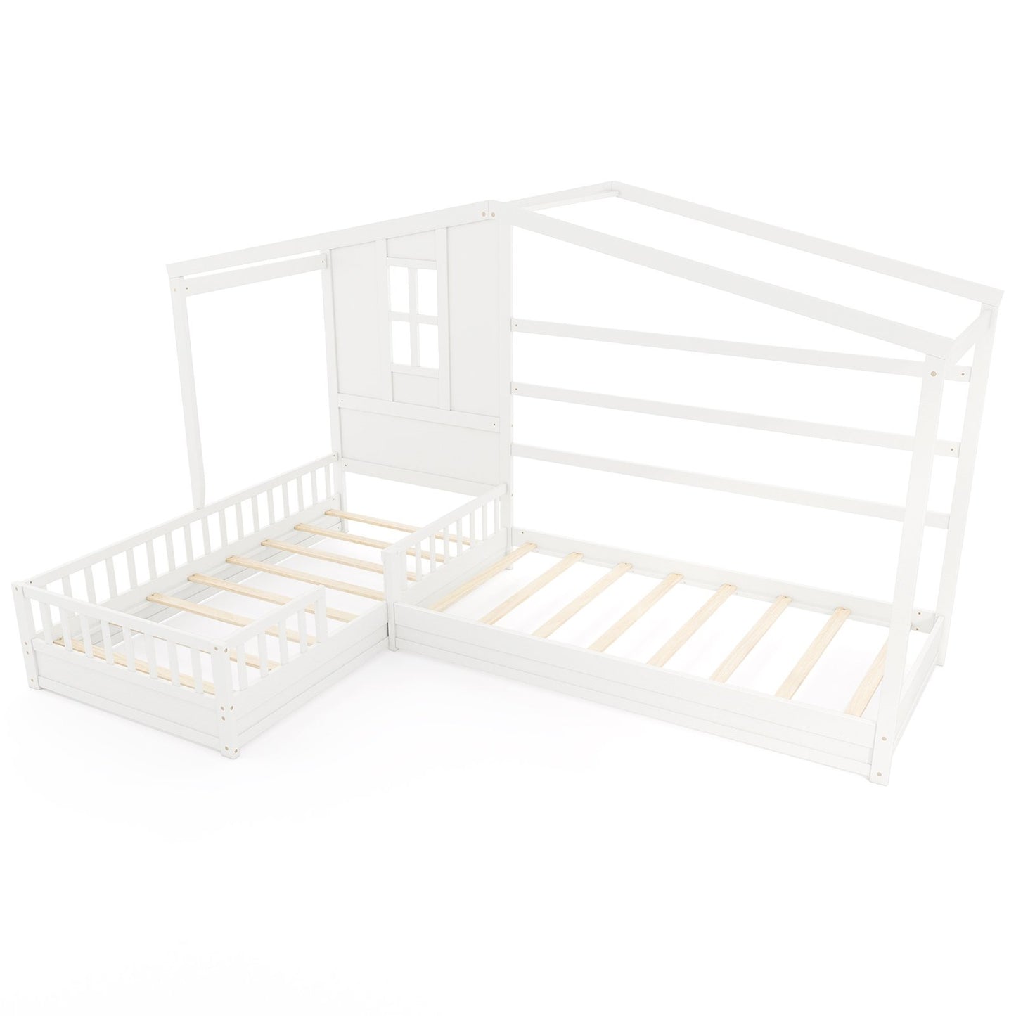 L-shaped Double Twin Beds House Platform Beds with Fences Corner Bed Frame-White Kids Crystal