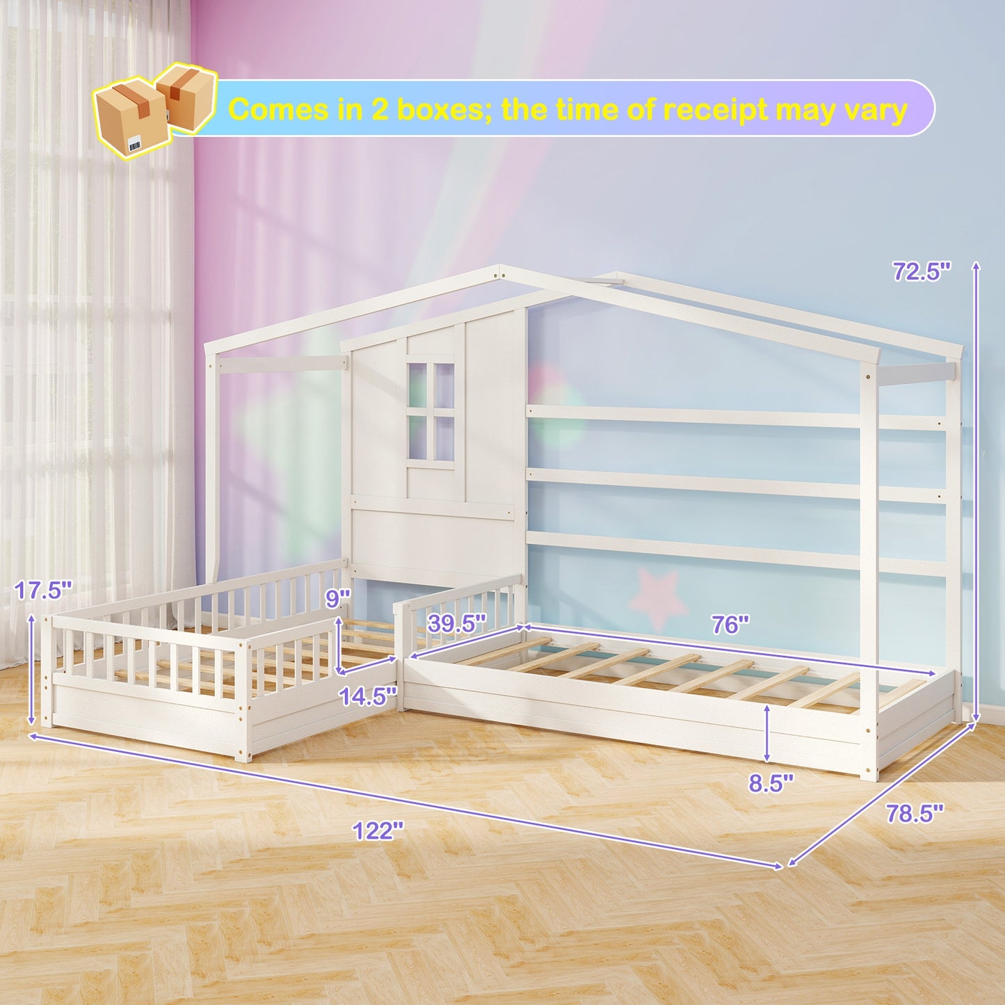 L-shaped Double Twin Beds House Platform Beds with Fences Corner Bed Frame-White Kids Crystal