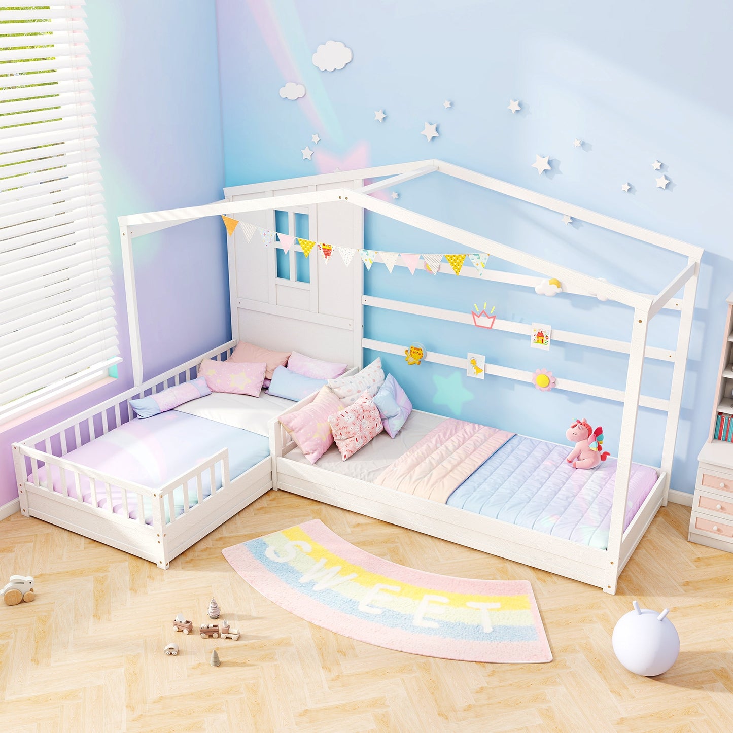 L-shaped Double Twin Beds House Platform Beds with Fences Corner Bed Frame-White Kids Crystal