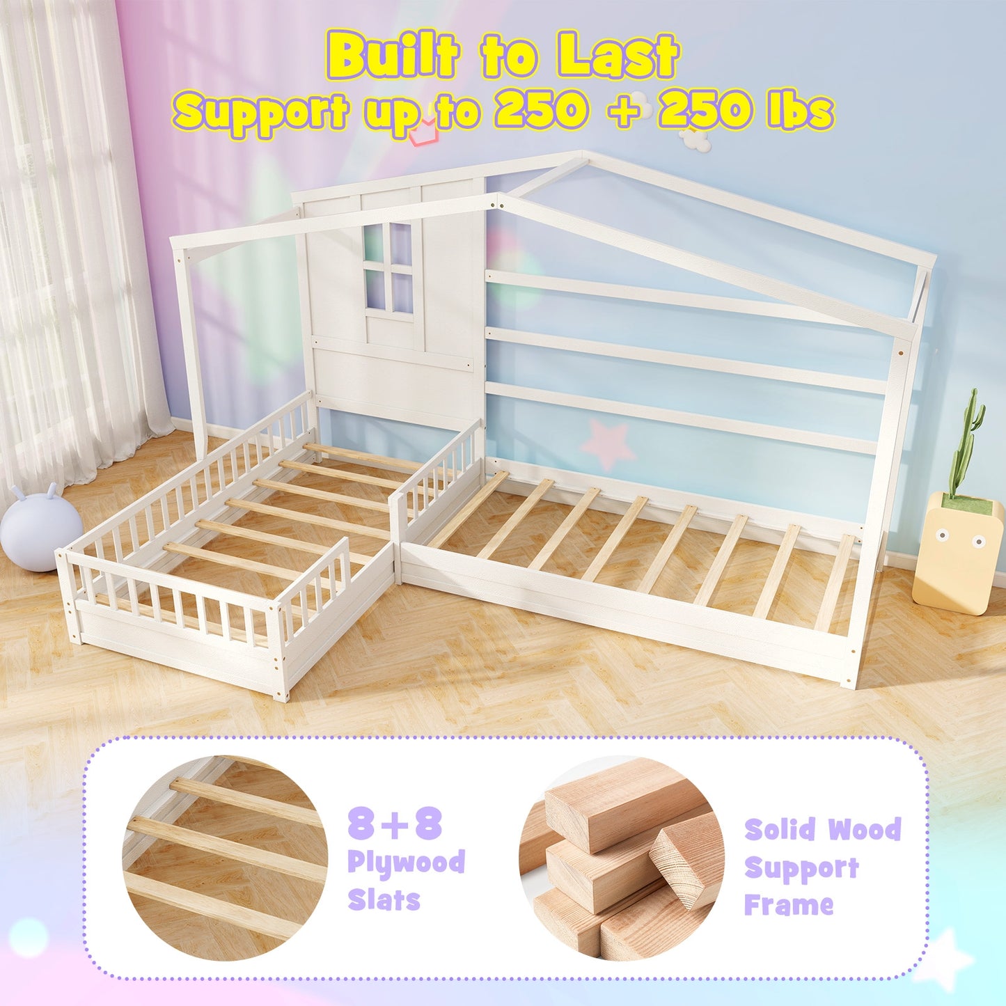 L-shaped Double Twin Beds House Platform Beds with Fences Corner Bed Frame-White Kids Crystal