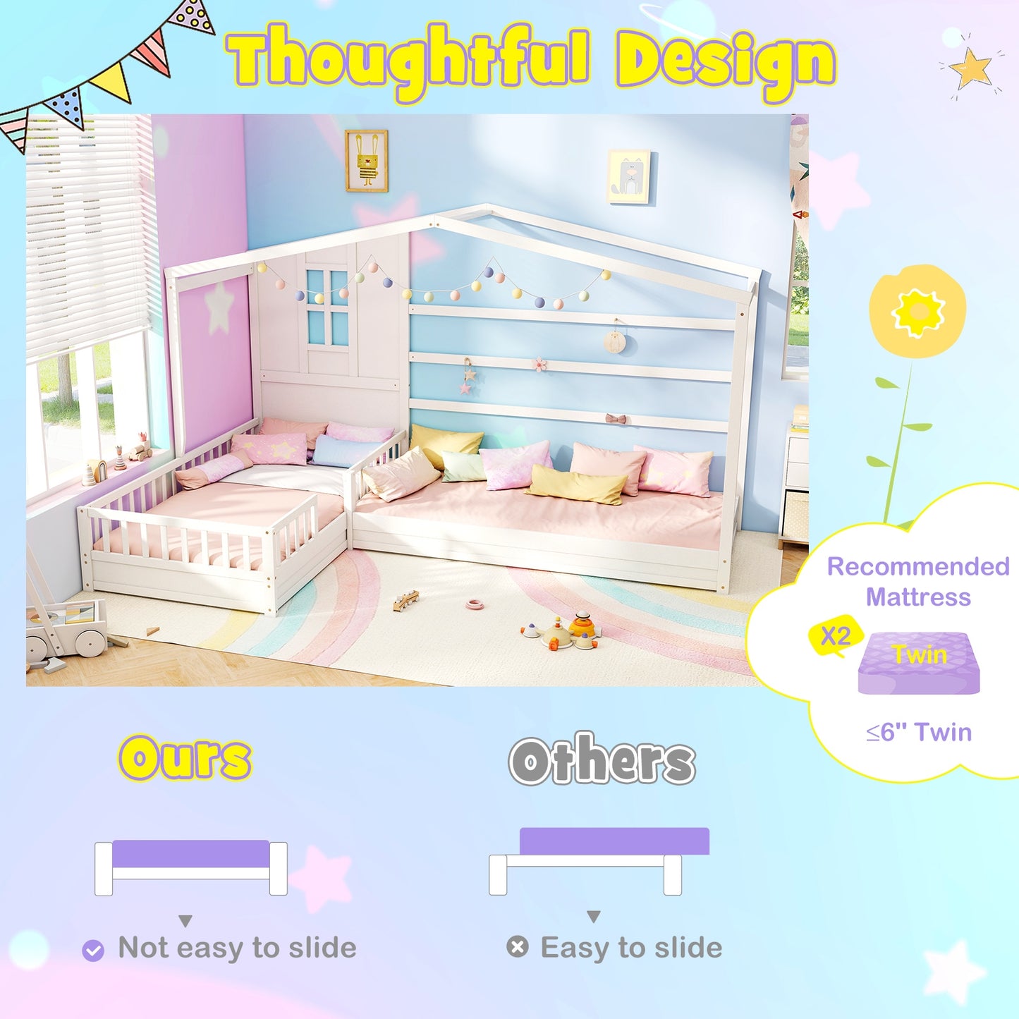 L-shaped Double Twin Beds House Platform Beds with Fences Corner Bed Frame-White Kids Crystal