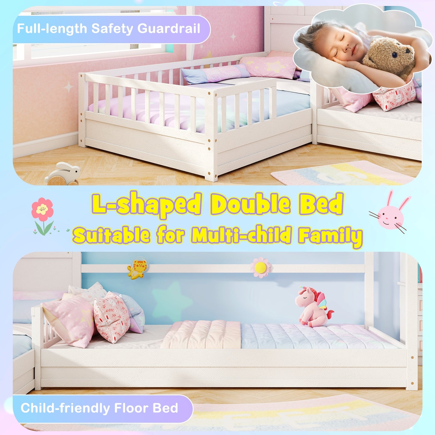 L-shaped Double Twin Beds House Platform Beds with Fences Corner Bed Frame-White Kids Crystal