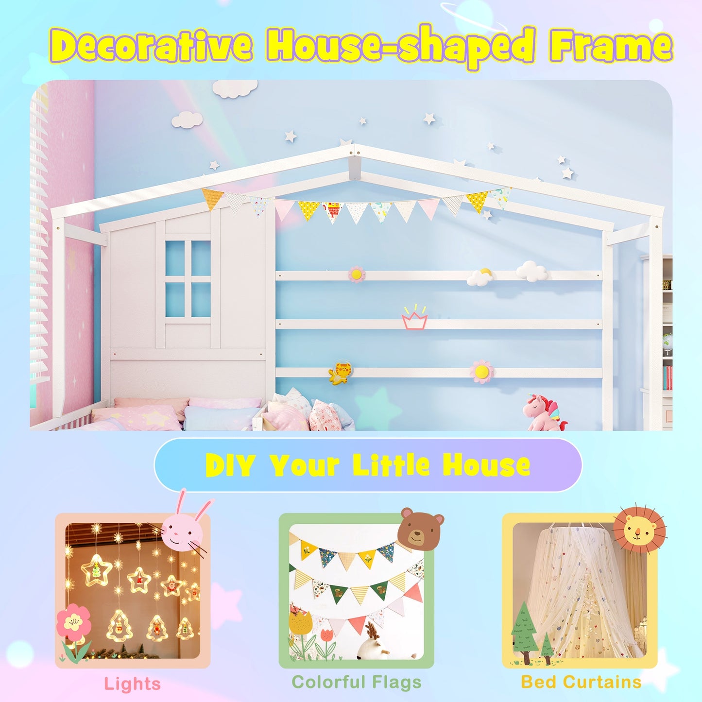 L-shaped Double Twin Beds House Platform Beds with Fences Corner Bed Frame-White Kids Crystal