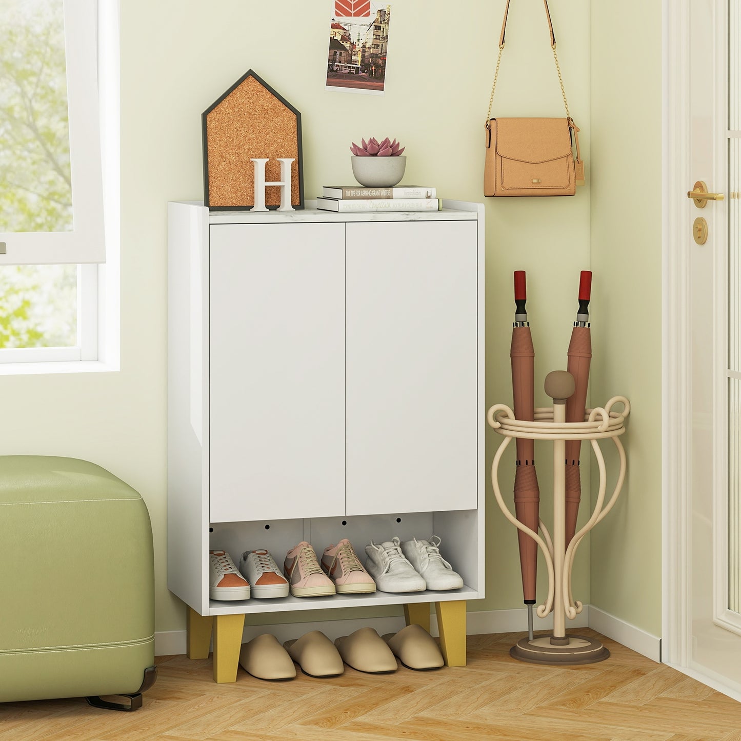 5-Tier Shoe Cabinet with Faux Marble Countertop and Flat Tilting Shelves-White Kids Crystal