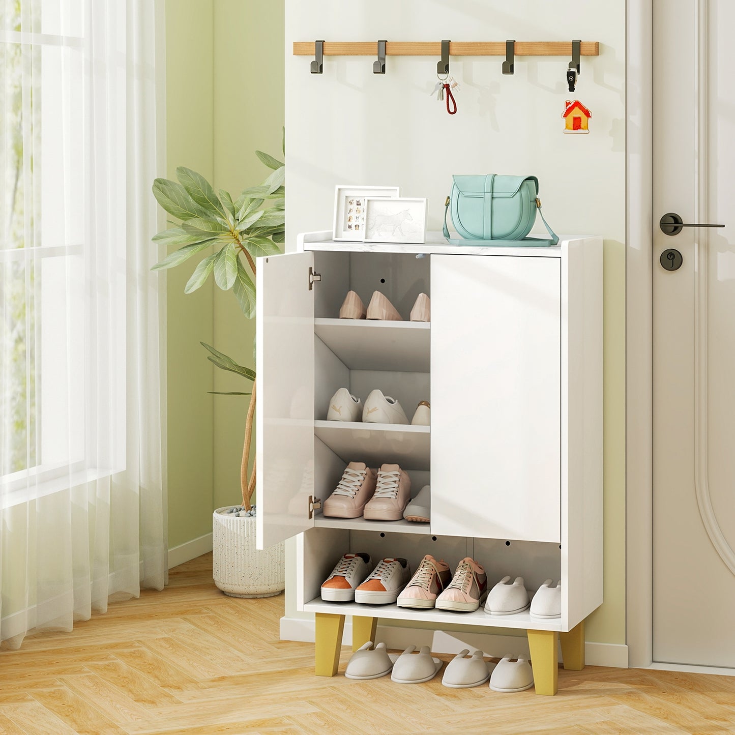 5-Tier Shoe Cabinet with Faux Marble Countertop and Flat Tilting Shelves-White Kids Crystal