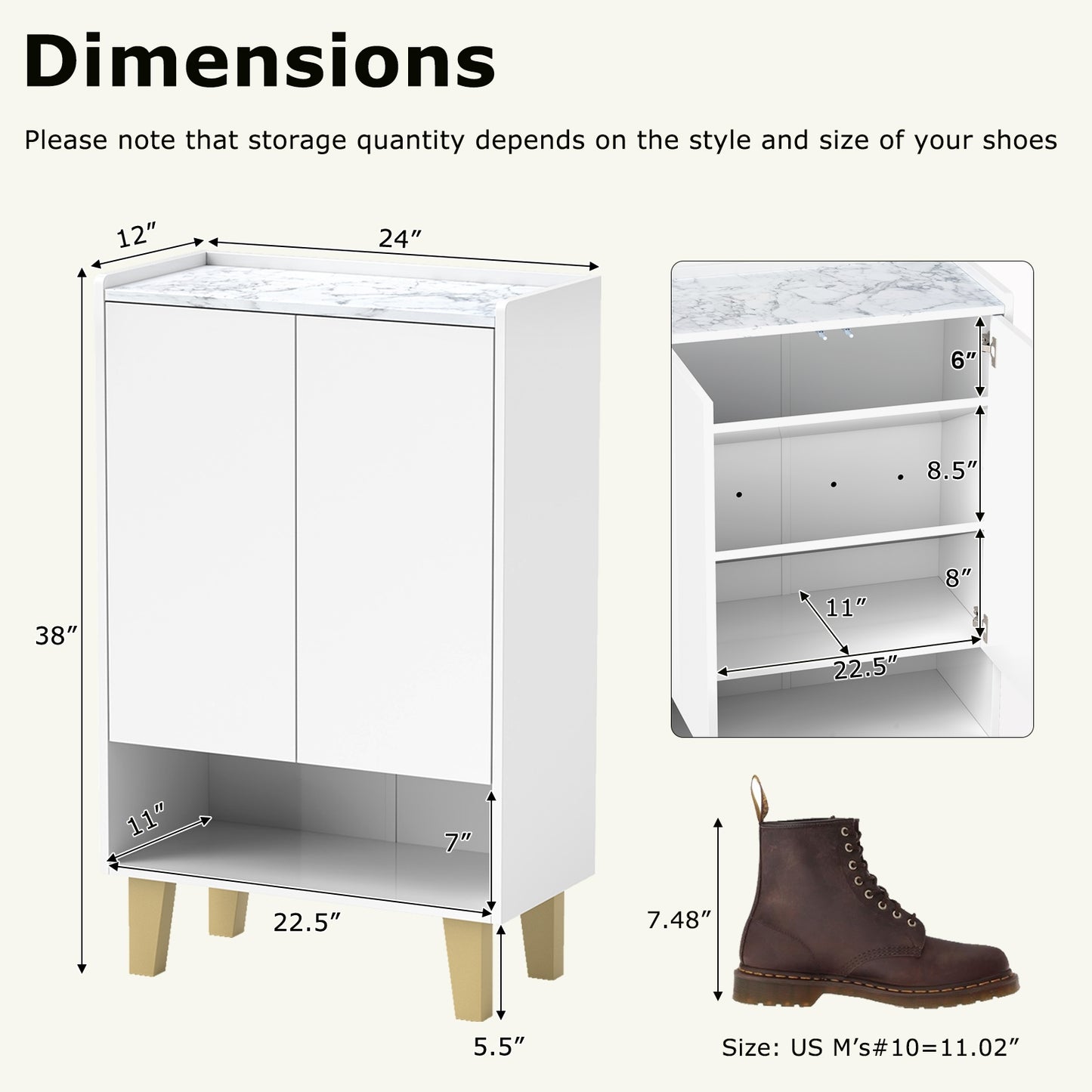 5-Tier Shoe Cabinet with Faux Marble Countertop and Flat Tilting Shelves-White Kids Crystal