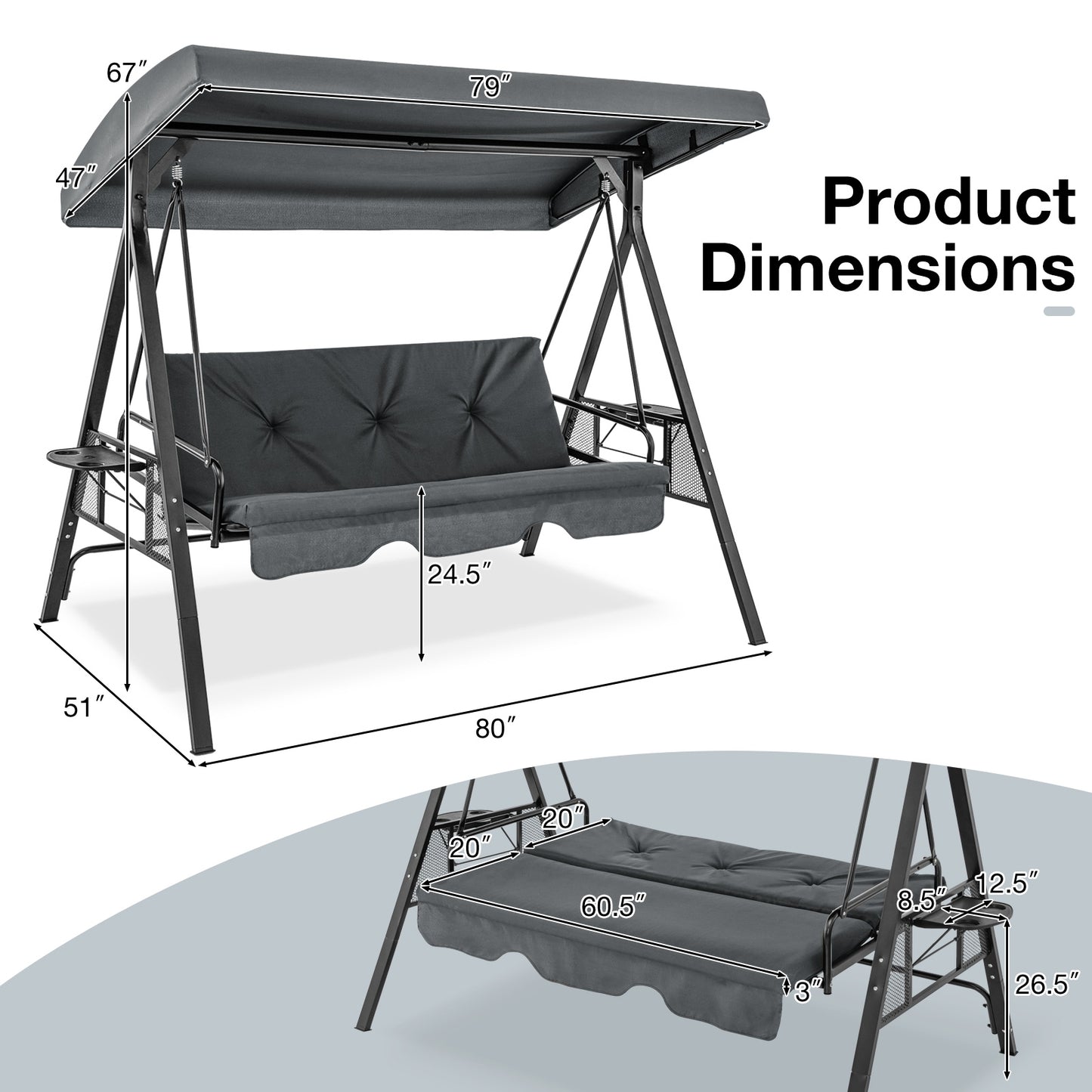 Convertible 3-Seat Patio Porch Swing Chair to Flat Bed with Adjustable Canopy-Gray Kids Crystal