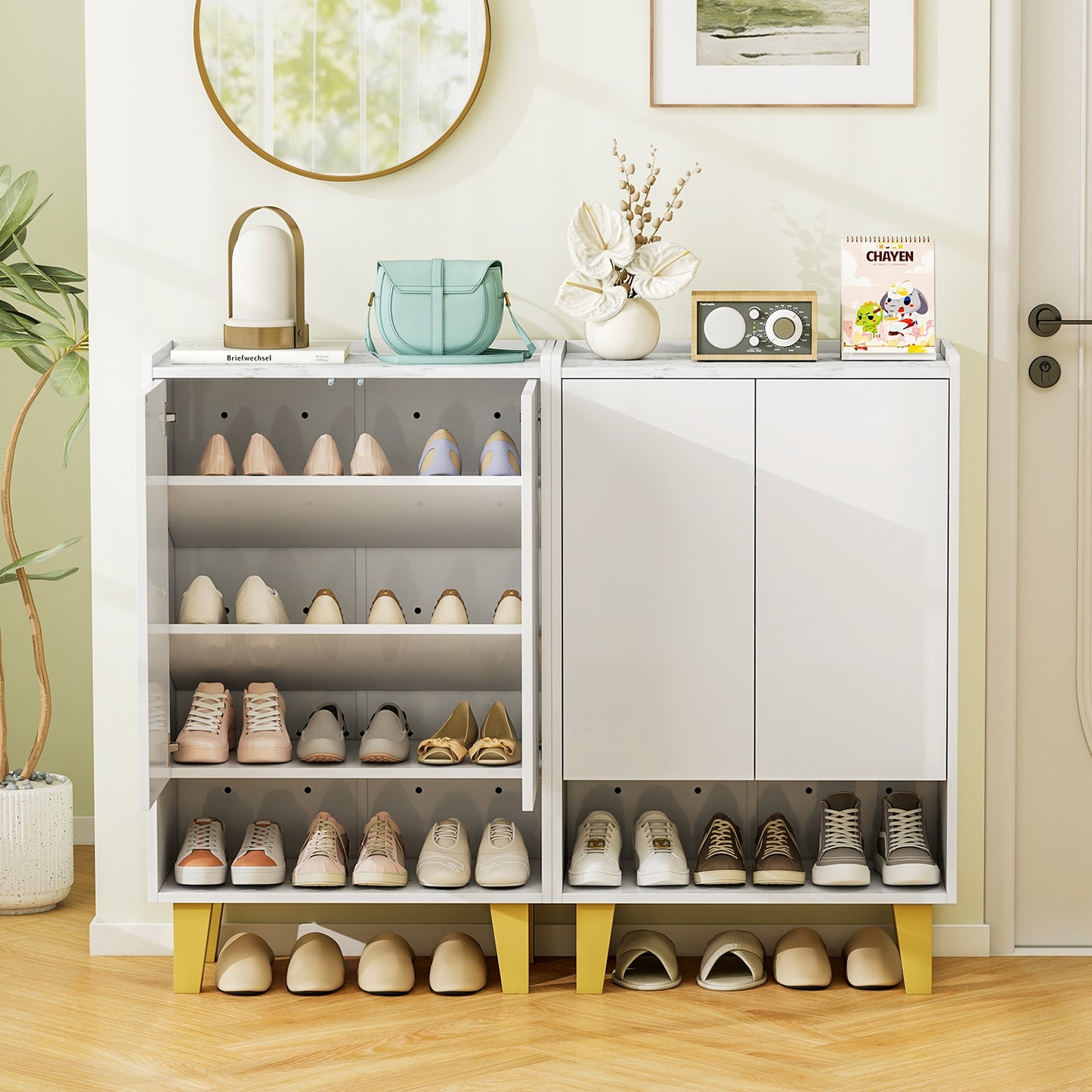 5-Tier Shoe Cabinet with Faux Marble Countertop and Flat Tilting Shelves-White Kids Crystal