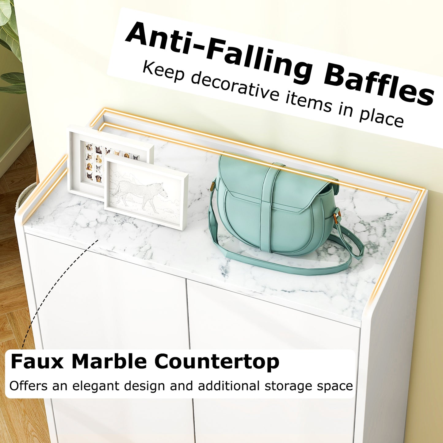5-Tier Shoe Cabinet with Faux Marble Countertop and Flat Tilting Shelves-White Kids Crystal